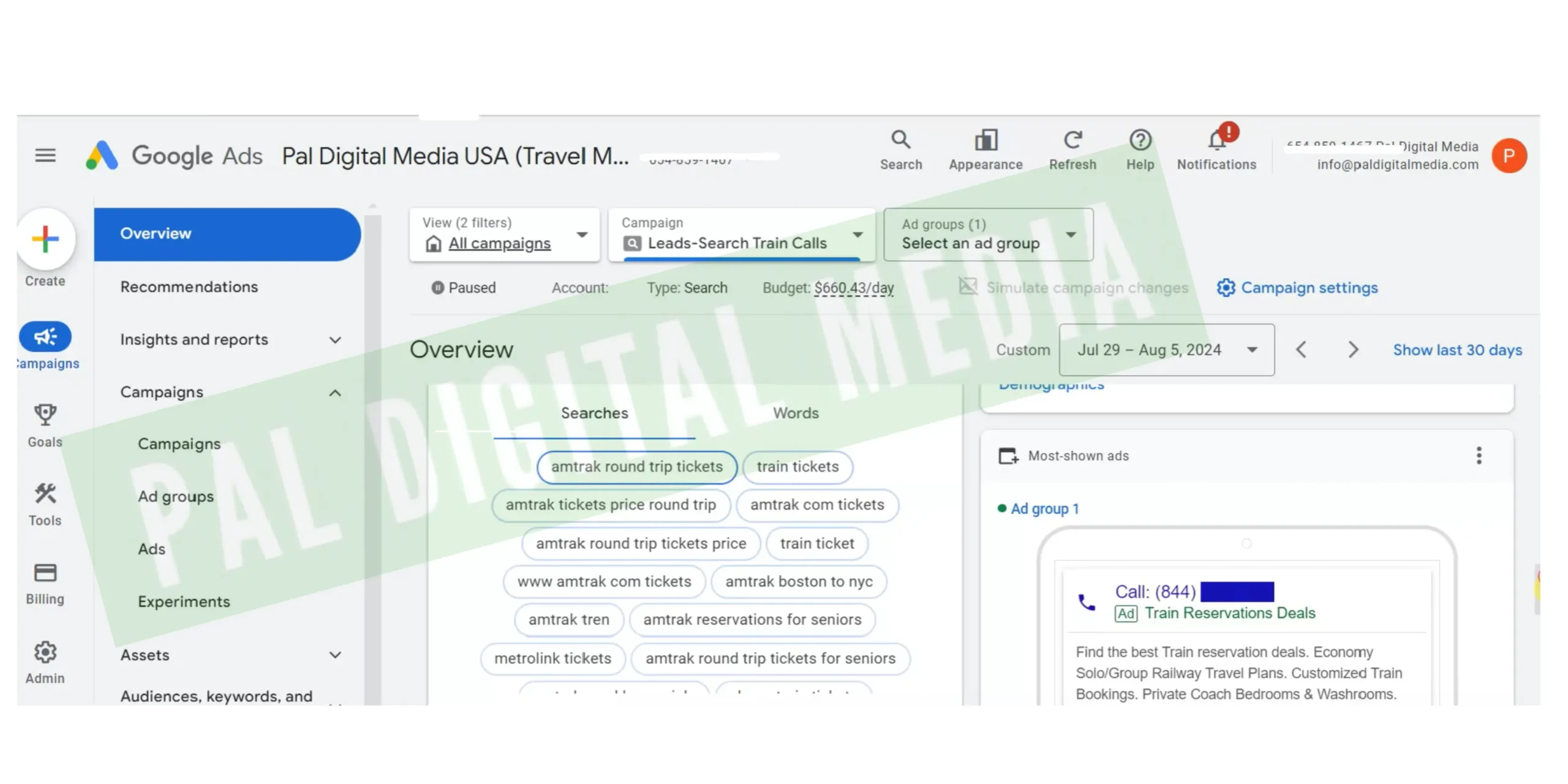 ppc services for amtrack reservation calls campaigns setup