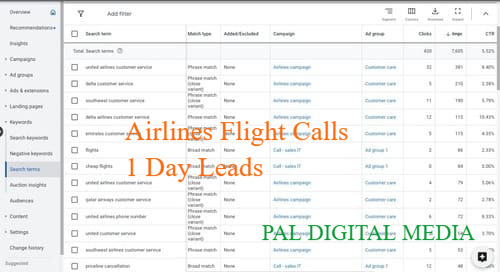 google ads airlines flight calls